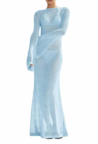 Saodimallsu Womens Crochet Cover Ups Long Sleeve Sexy Mesh Backless Knit Swimsuit Coverup Beach Maxi Dress