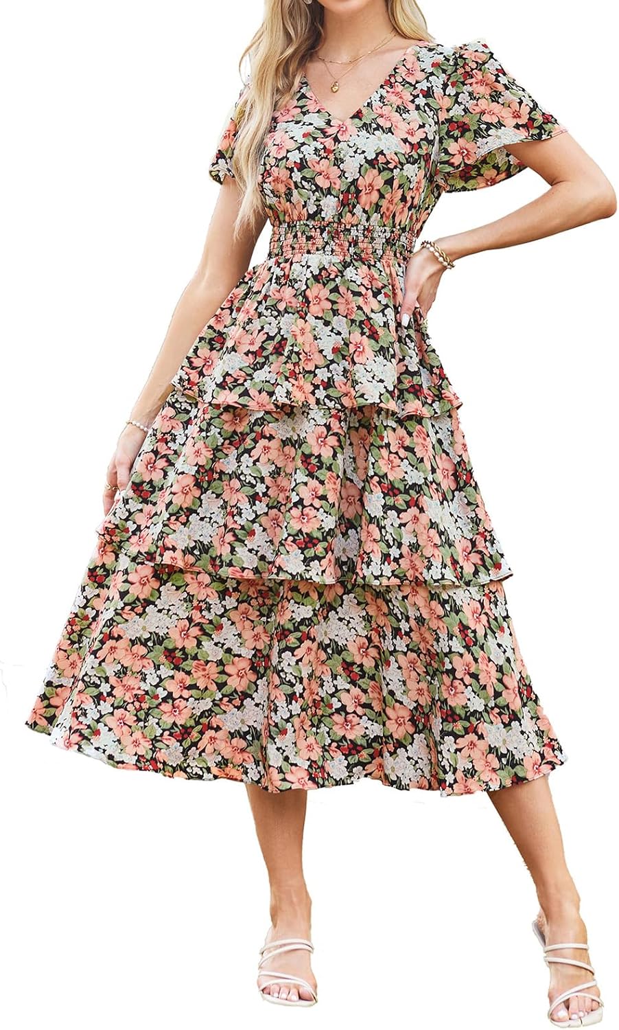 GRACE KARIN Floral Tiered Midi Dress