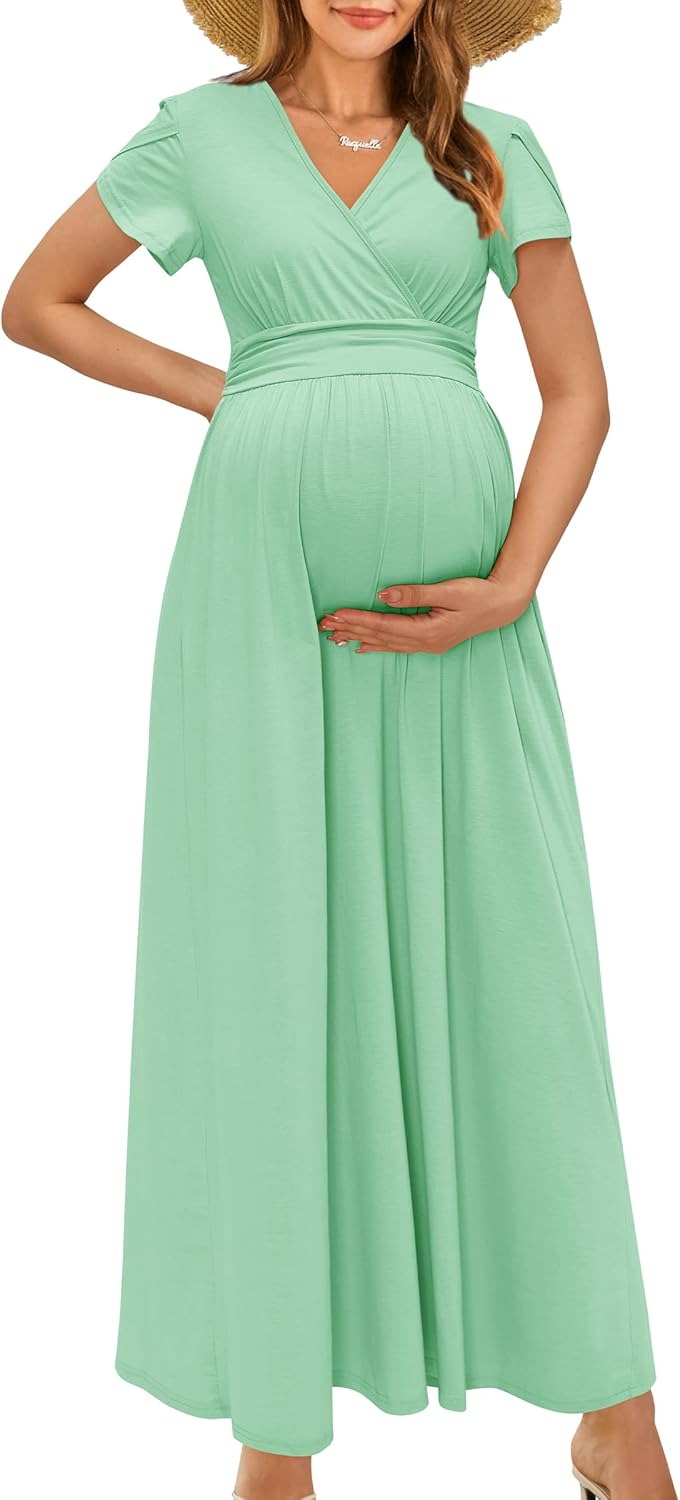 OUGES Maternity Maxi Dress V Neck Baby Wrap Summer Shower Pregnancy Dresses for Photoshoot 2025