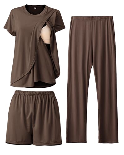 Rnxrbb 3 Piece Postpartum Nursing Pajamas Set Casual Soft Maternity Breastfeeding Pjs Sleepwear Loungewear Clothes Layer
