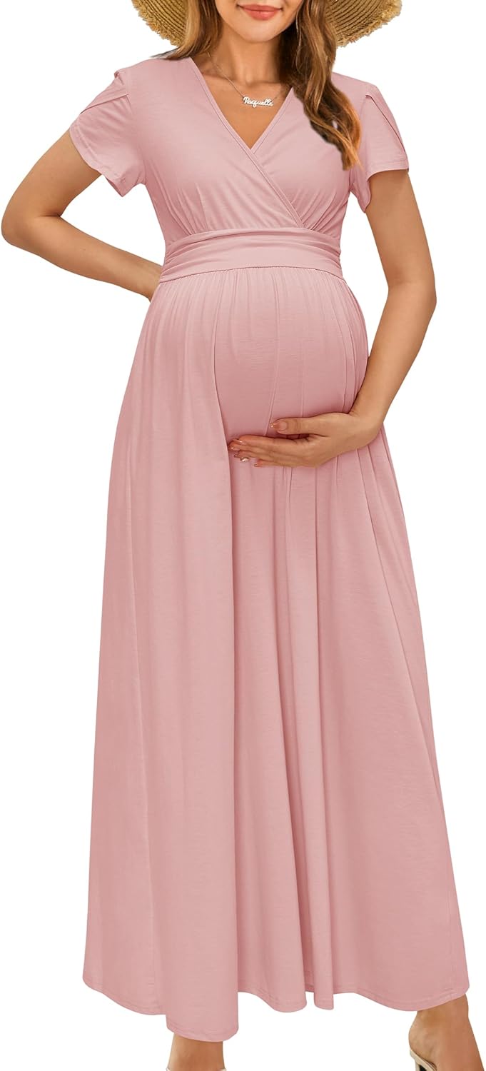 OUGES Maternity Maxi Dress V Neck Baby Wrap Summer Shower Pregnancy Dresses for Photoshoot 2025