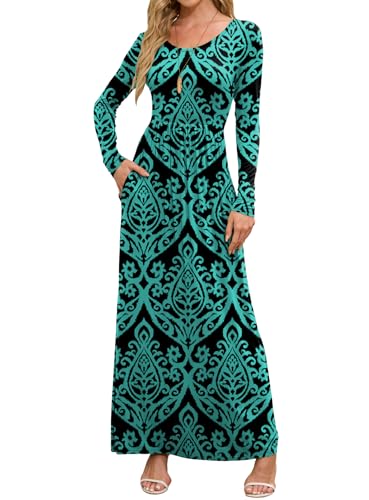 DEARCASE Women's Maxi Dress Long Sleeve Crewneck Loose Plain Casual Empire Waist Fall Party Long Dresses with Pockets