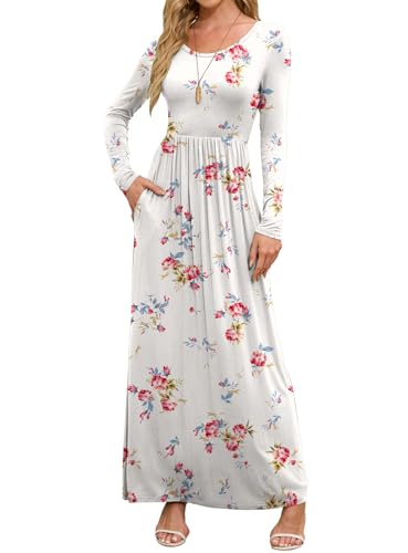 DEARCASE Women's Maxi Dress Long Sleeve Crewneck Loose Plain Casual Empire Waist Fall Party Long Dresses with Pockets