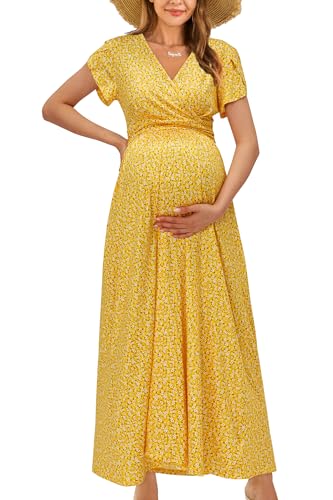 OUGES Maternity Maxi Dress (Wrap V Neck)