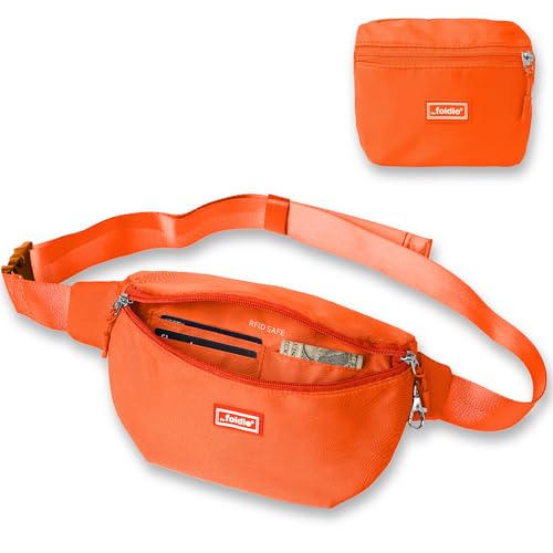 The Foldie Foldable Crossbody Bags for Women & Men - Anti-Theft RFID-Safe Fanny Pack with Smart Lockable Zippers and Cut-Resistant Strap - Lightweight Waist Pack for Travel & Everyday Use - Orange