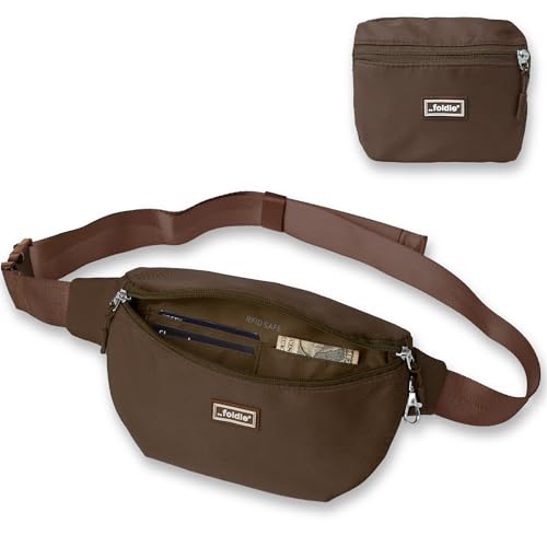 The Foldie Foldable Crossbody Bags for Women & Men - Anti-Theft RFID-Safe Fanny Pack with Smart Lockable Zippers and Cut-Resistant Strap - Lightweight Waist Pack for Travel & Everyday Use - Brown