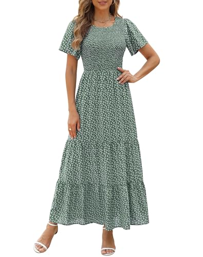 Kranda Women 2025 Summer Fall Crewneck Short Sleeve Smocked Floral Maxi Dress