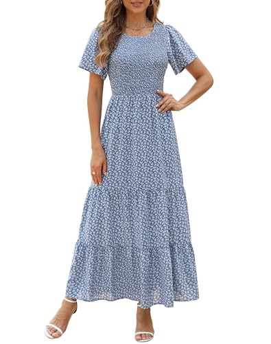 Kranda Women 2025 Summer Fall Crewneck Short Sleeve Smocked Floral Maxi Dress