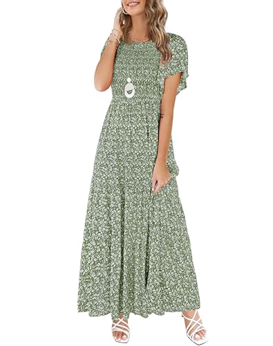 Kranda Women 2025 Summer Fall Crewneck Short Sleeve Smocked Floral Maxi Dress