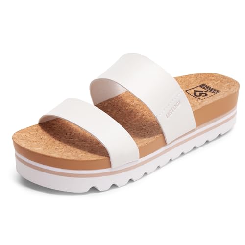 Flatform Platform Sandals Women Arch Support Beach Slides Orthotic Summer Causal Cork Footbed Adjustable Lightweight Thick Sole Comfortable Fashion Slip on Cushion Cute 2 Strap