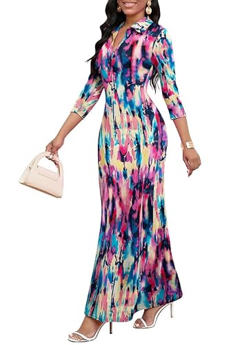Maxi Dresses for Women Casual V Neck 3/4 Sleeve Bodycon Long Party Holiday Dress Semi Formal Outfits