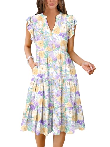 ANRABESS Womens Summer Dress Ruffle Sleeve V Neck Midi Dresses Fashion Casual Fit Flowy Tiered Boho Beach Vacation Sundress