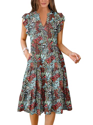 ANRABESS Womens Summer Dress Ruffle Sleeve V Neck Midi Dresses Fashion Casual Fit Flowy Tiered Boho Beach Vacation Sundress