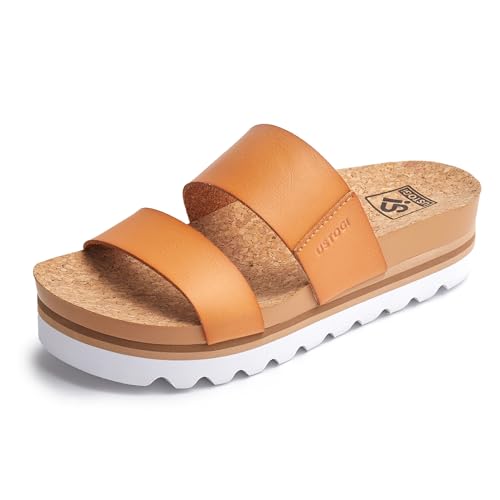 Flatform Platform Sandals Women Arch Support Beach Slides Orthotic Summer Causal Cork Footbed Adjustable Lightweight Thick Sole Comfortable Fashion Slip on Cushion Cute 2 Strap