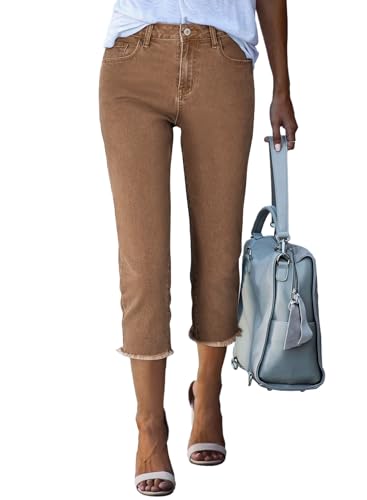 Sidefeel Women's Capri Jeans High Waisted 2025 Summer Fashion Straight Leg Raw Hem Denim Capri Pants