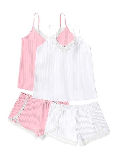 Ekouaer Womens Pajama Sets Soft Lingerie Sleepwear 2 Piece Cami Shorts Set V Neck Pj Lace Nightwear