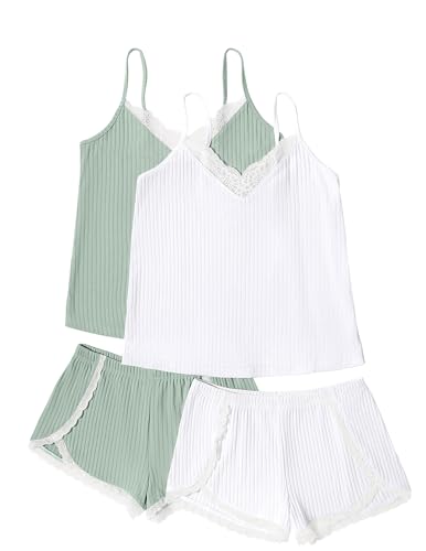 Ekouaer Womens Pajama Sets Soft Lingerie Sleepwear 2 Piece Cami Shorts Set V Neck Pj Lace Nightwear