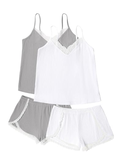 Ekouaer Womens Pajama Sets Soft Lingerie Sleepwear 2 Piece Cami Shorts Set V Neck Pj Lace Nightwear
