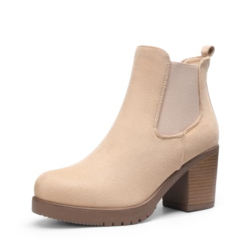 DREAM PAIRS Women's High Chunky Heel Chelsea Ankle Boots Slip On Elastic Fall Heeled Booties Shoes