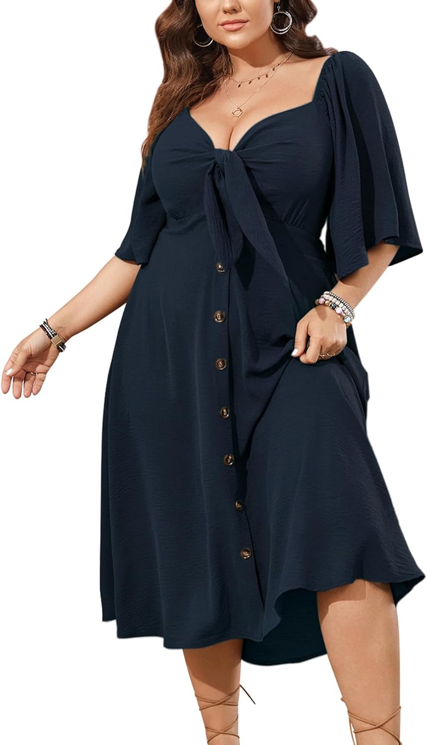 SCOMCHIC Plus Size Summer Dress Casual Short Sleeve Bow Tie Deep V Neck Smocked Button Down Midi Flowy A-line Boho Dresses