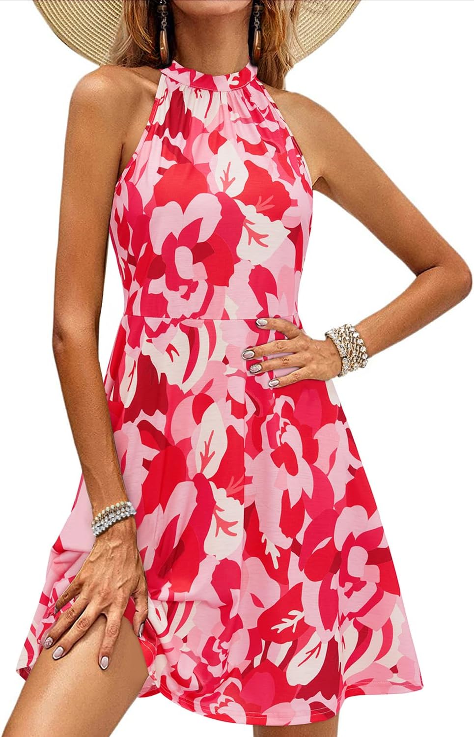 OUGES Women's Halter Neck Floral Summer Casual Sundress