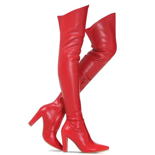 Shoe'N Tale Women Stretch Suede Chunky Heel Over The Knee Boots Thigh High for Women