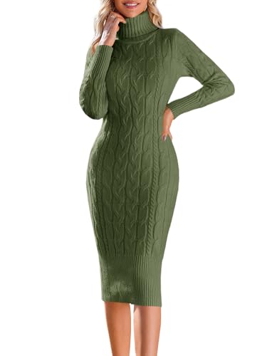 Fangetey Womens Long Sleeve Turtleneck Sweater Dresses Knitted Bodycon Midi Sheath Jumper Dresses