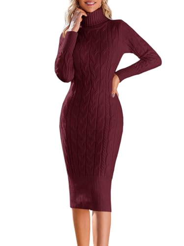 Fangetey Womens Long Sleeve Turtleneck Sweater Dresses Knitted Bodycon Midi Sheath Jumper Dresses