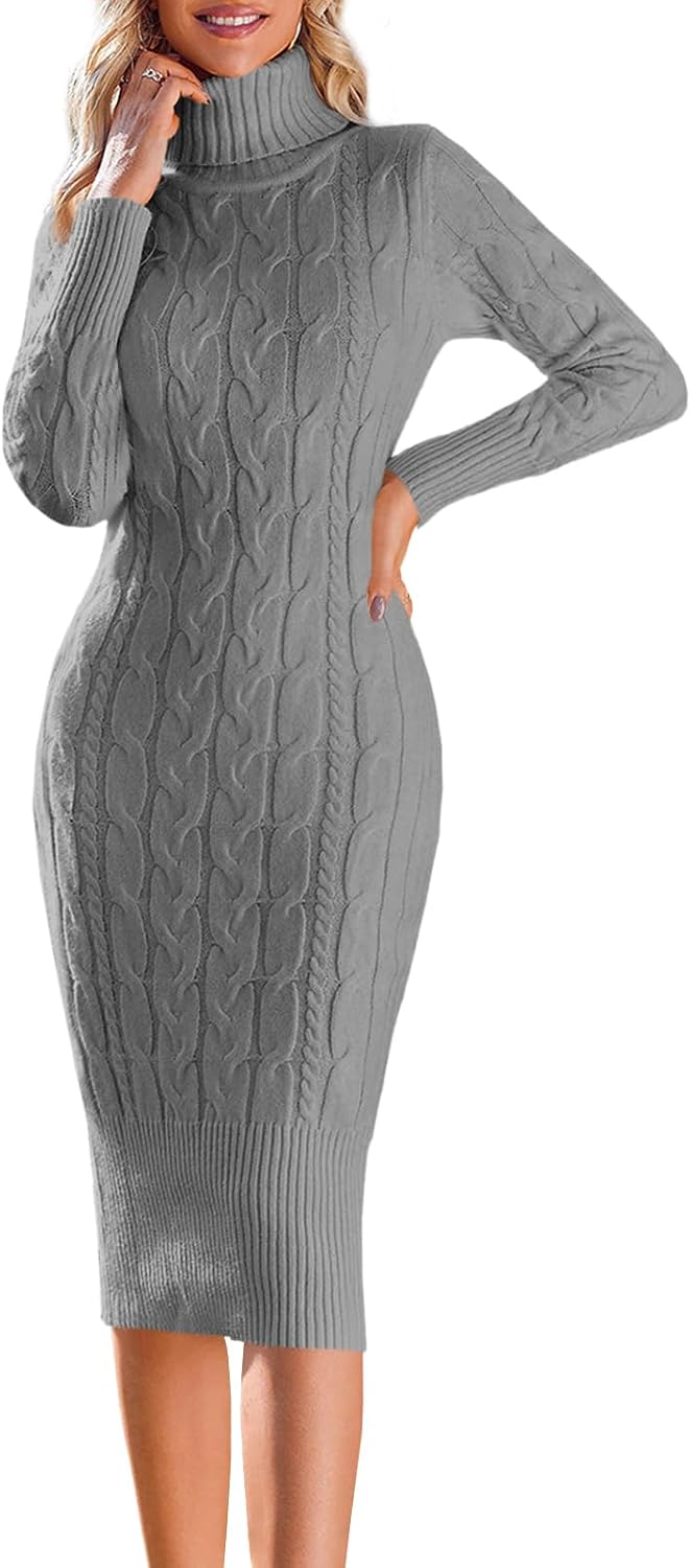 Fangetey Ribbed Midi Turtleneck Dress