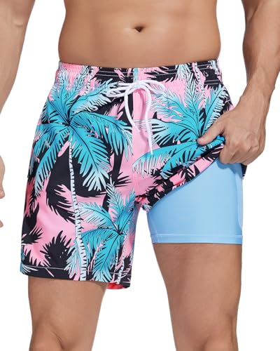 SILKWORLD Mens Swimming Trunks with Compression Liner 2 in 1 Quick-Dry Swim Shorts with Zipper Pockets