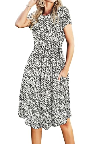 Simier Fariry Womens Summer Pocket Knee Length Teacher Casual Dress Knit Fit Flare Short Sleeve Midi Work Travel Outfits