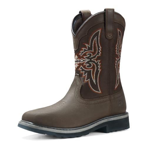 NINGO Men's Cowboy Boots Square Steel Toe, Full-Grain Leather & Oxford Splicing, Non-Slip Western Comfortable Work Boots with EH Protection, for Construction, Farming and Outdoor Work