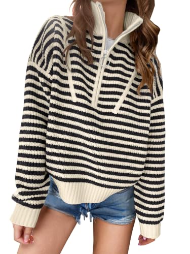 ANRABESS Sweaters for Women Striped Half Zip Long Sleeve Ribbed Knit Pullover Comfy Casual Lightweight Tops 2025 Fall Fashion