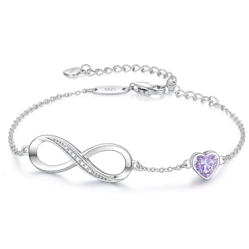 CDE Infinity Heart Birthstone Charm Link Bracelet for Women 925 Sterling Silver Adjustable Mother's Day Gift Anniversary Birthday Jewelry for Wife Girlfriend Her
