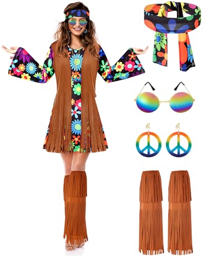 SATINIOR Halloween Hippie Costume Set Women 60s 70s Disco Outfits Party Dress Accessories for Adult