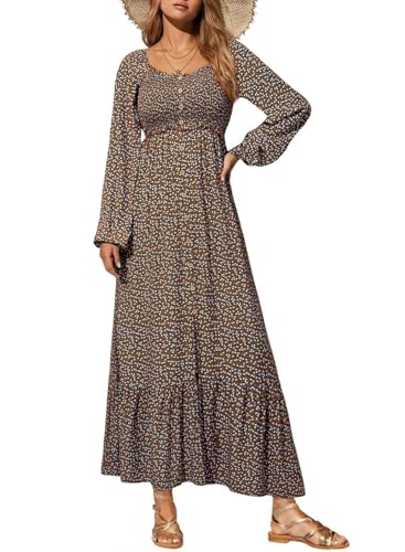 Dokotoo Fall Dresses for Women 2025 Boho Floral Smocked Empire Waist Square Neck Long Sleeve Button Beach Maxi Dress Sundress