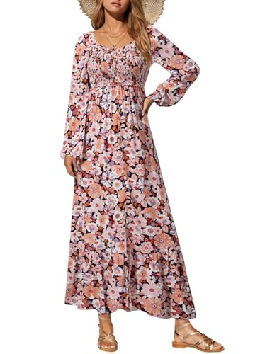 Dokotoo Fall Dresses for Women 2025 Boho Floral Smocked Empire Waist Square Neck Long Sleeve Button Beach Maxi Dress Sundress