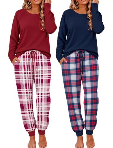 Ekouaer 2 Pack Womens Pajamas Set Long Sleeve Sleepwear Top and Jogger Pants Lounge Sets Cozy Pjs Loungewear S-XXL