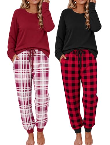 Ekouaer 2 Pack Womens Pajamas Set Long Sleeve Sleepwear Top and Jogger Pants Lounge Sets Cozy Pjs Loungewear S-XXL