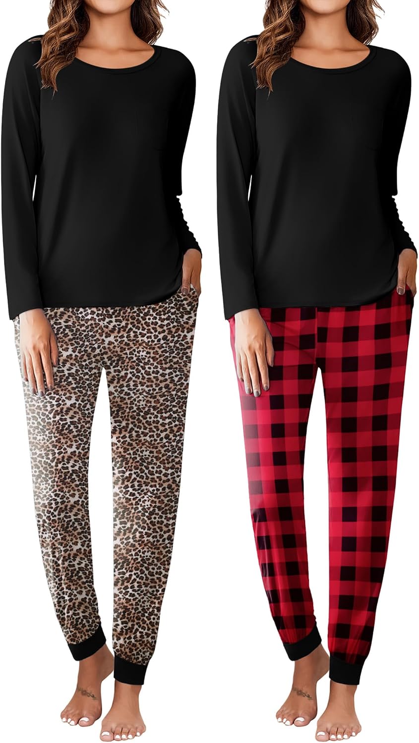 Ekouaer 2 Pack Womens Pajamas Set Long Sleeve Sleepwear Top and Jogger Pants Lounge Sets Cozy Pjs Loungewear S-XXL