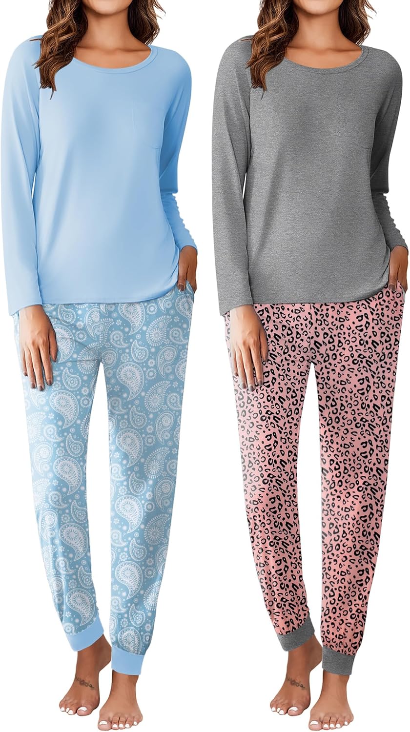 Ekouaer 2 Pack Womens Pajamas Set Long Sleeve Sleepwear Top and Jogger Pants Lounge Sets Cozy Pjs Loungewear S-XXL