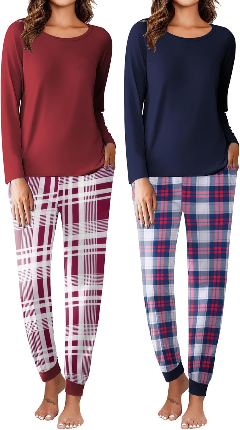 Ekouaer 2 Pack Womens Pajamas Set Long Sleeve Sleepwear Top and Jogger Pants Lounge Sets Cozy Pjs Loungewear S-XXL
