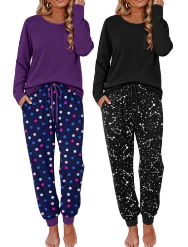 Ekouaer 2 Pack Womens Pajamas Set Long Sleeve Sleepwear Top and Jogger Pants Lounge Sets Cozy Pjs Loungewear S-XXL