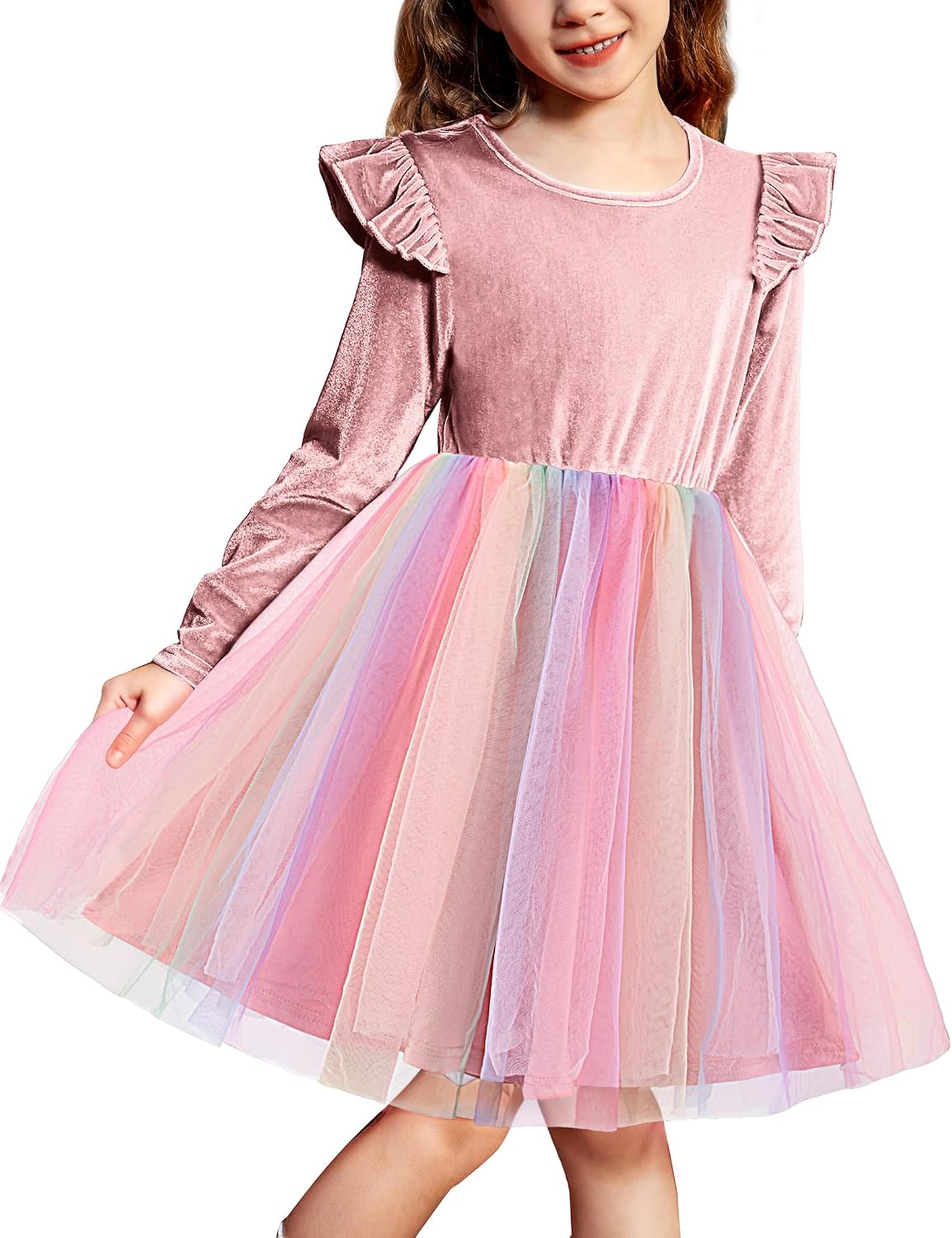 Arshiner Toddler Tutu Dresses Little Girls Velvet Tulle Fall Winter Long Sleeve Ruffle Holiday Party Dress 2-6Y