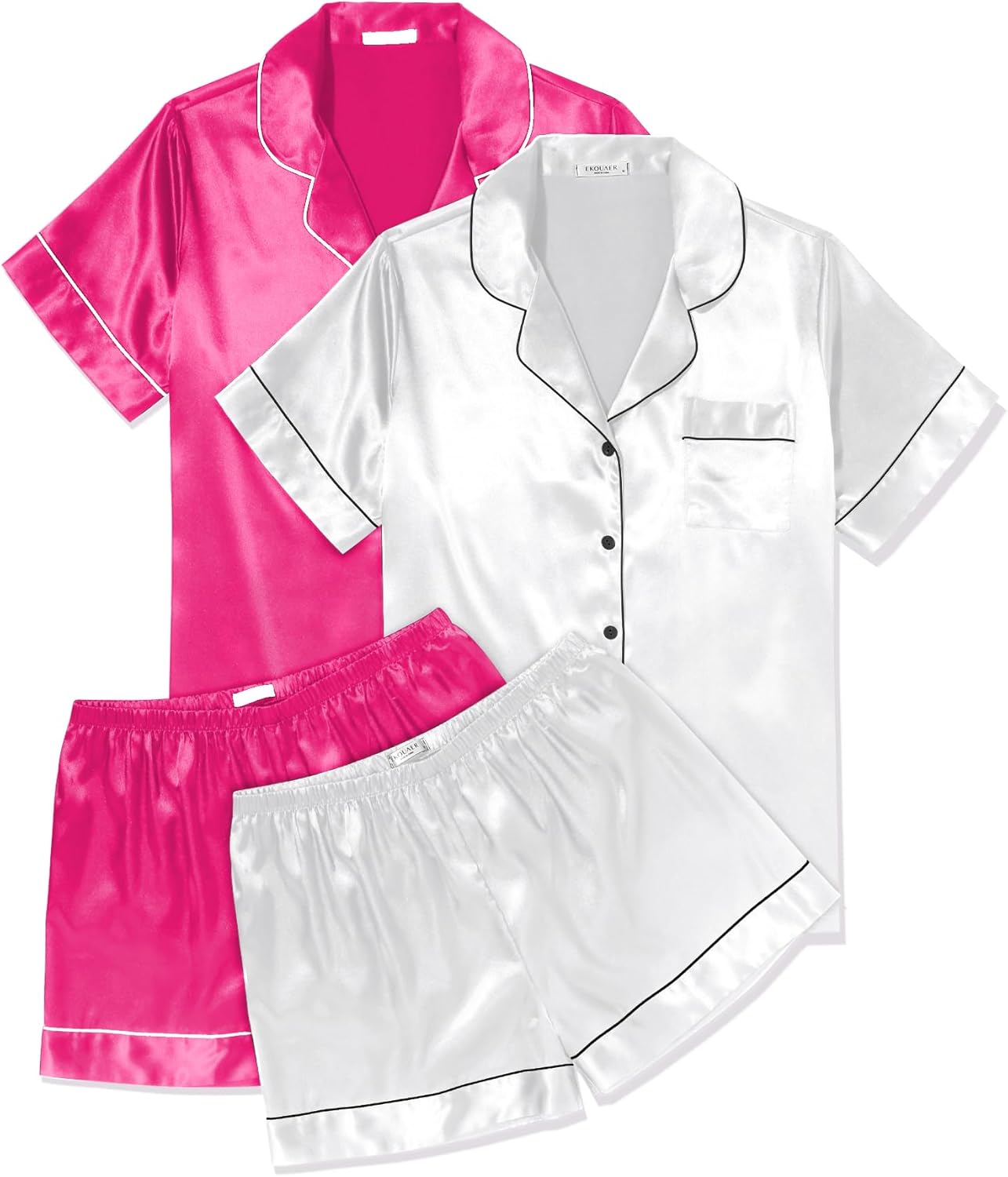 Ekouaer 2 Pack Pajama Sets for Women Silk Satin Pj Short Sleeve Button Down Sleepwear Top and Shorts Summer Lounge Set S-XXL