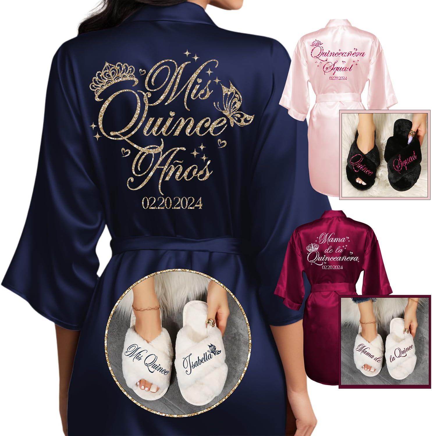 Quinceanera Robes and Slippers Set for Mis XV Anos & Quince Squad, Mama de la Quince, Abuela & Hermana Gift