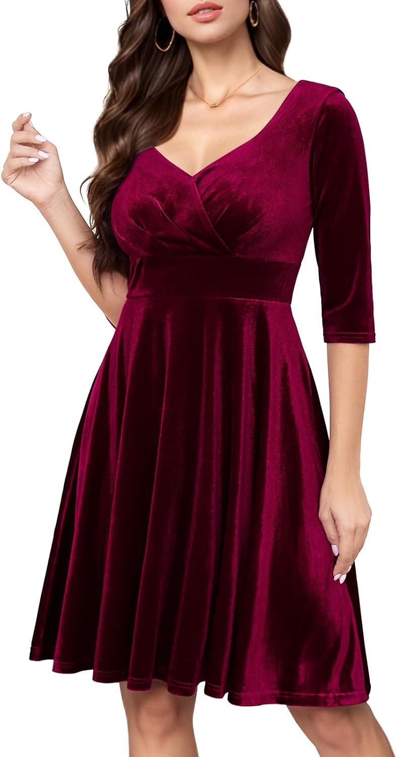 Bbonlinedress Womens Velvet Long Sleeve Formal Wedding Guest Vintage Cocktail Holiday Party Midi Dress