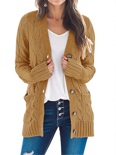 MEROKEETY Women's 2025 Fall Long Sleeve Cable Knit Sweater Open Front Cardigan Button Loose Outerwear