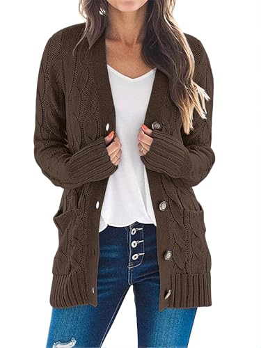 MEROKEETY Women's 2025 Fall Long Sleeve Cable Knit Sweater Open Front Cardigan Button Loose Outerwear