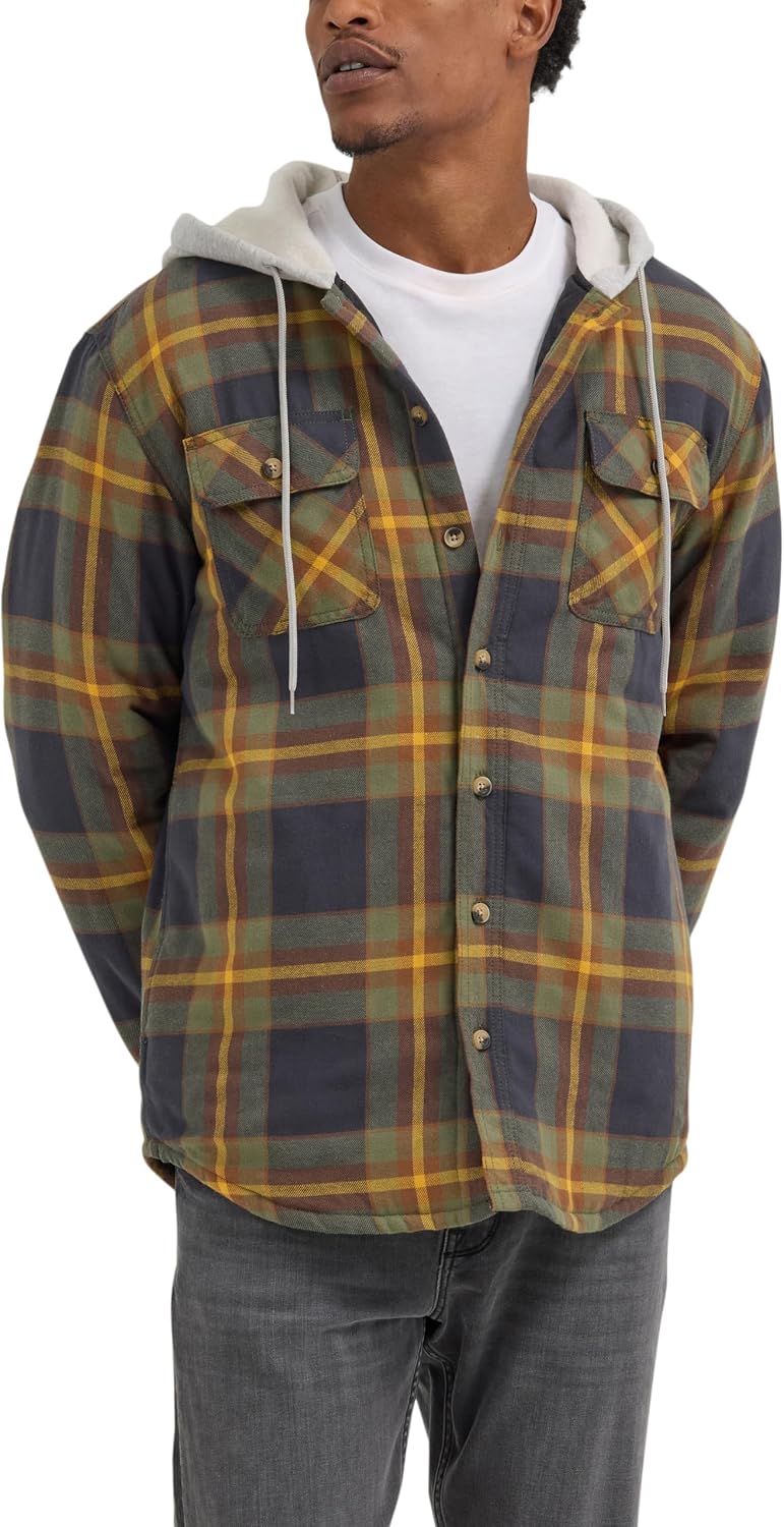 Wrangler Authentics Men's Long Sleeve Quilted Lined Flannel Shirt Jacket with Hood